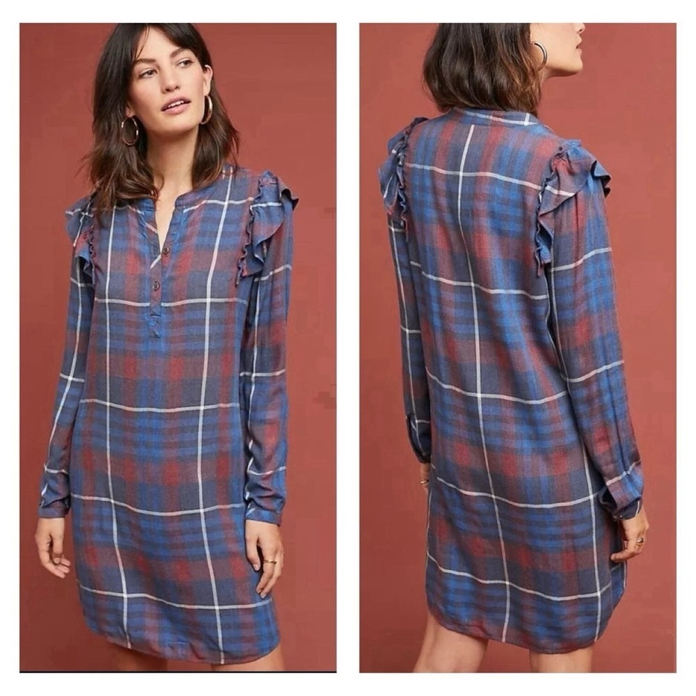 ANTHROPOLOGIE cloth & stone Ruffled Plaid Shirt Dress | Small |